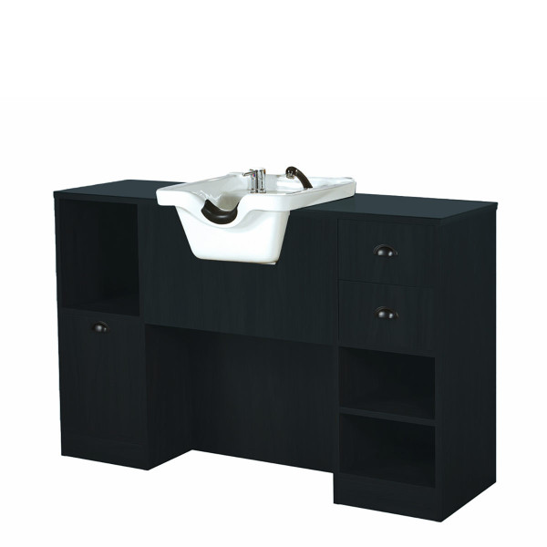 Poste barbier noir mat – rangement & vasque pro