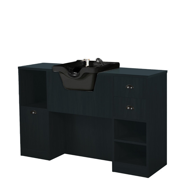 Poste barbier noir mat – rangement & vasque pro