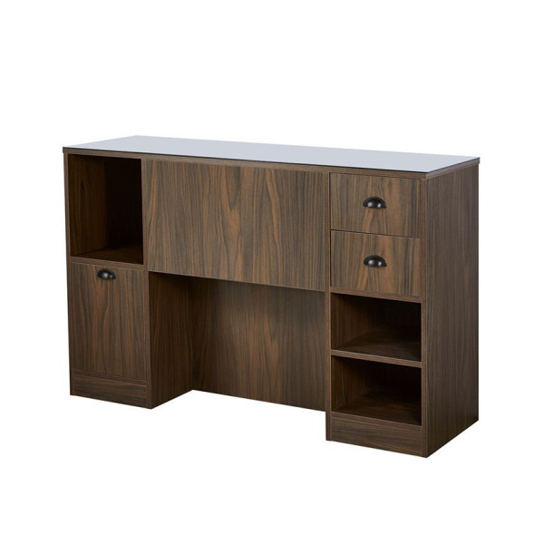 Station coiffage barbershop 8B LED Noyer Foncé – miroir rond & rangements
