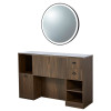 Station coiffage barbershop 8B LED Noyer Foncé – miroir rond & rangements