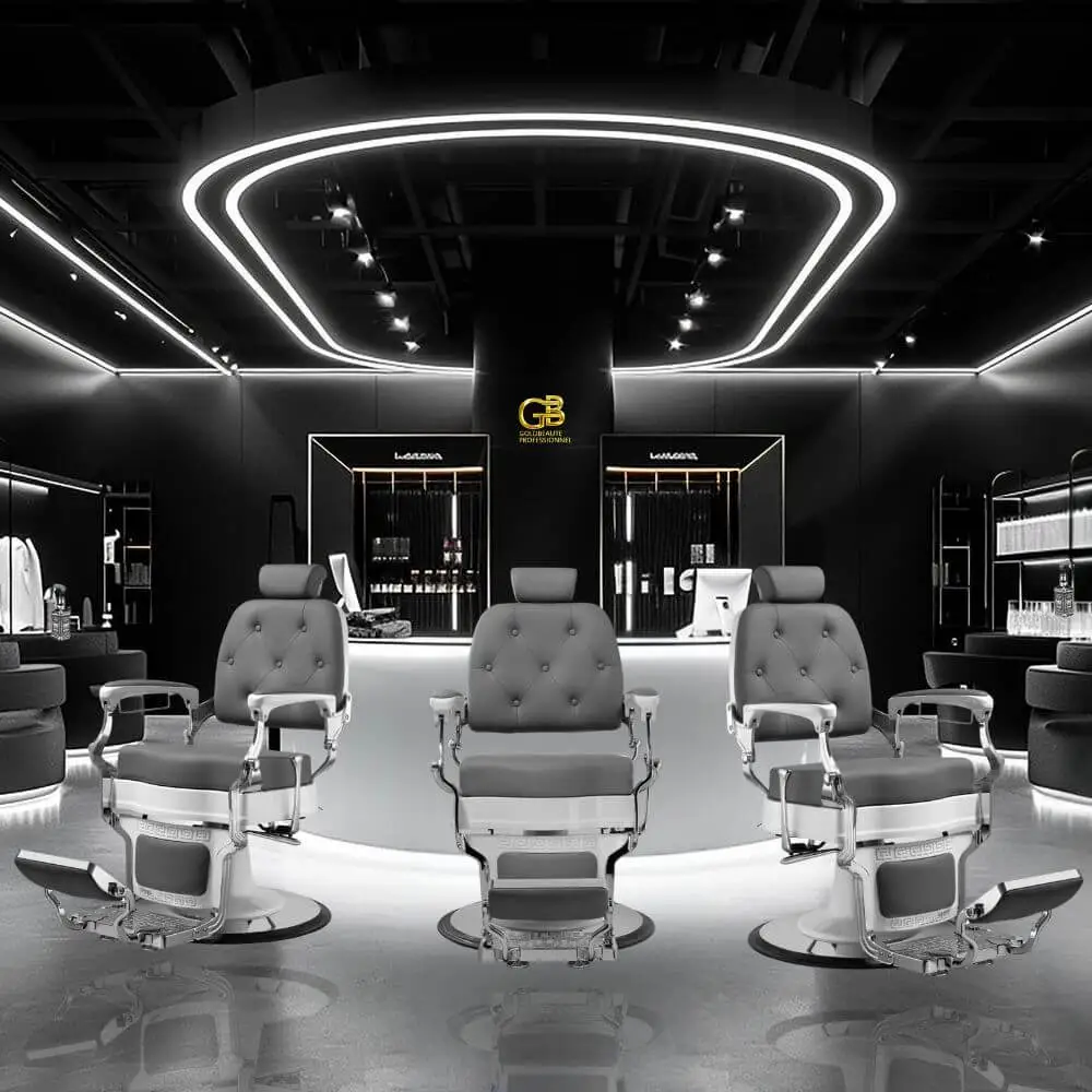 Aménagement haut de gamme pour barbershop – Mobilier design par GOLDBEAUTE Fauteuils barbier professionnels haut de gamme dans salon moderne noir