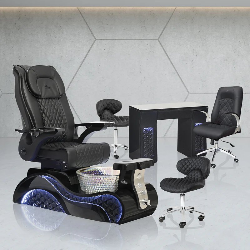 Fauteuil spa pédicure noir avec vasque + bureau manucure design Fauteuil pédicure spa professionnel avec vasque et mobilier manucure assorti