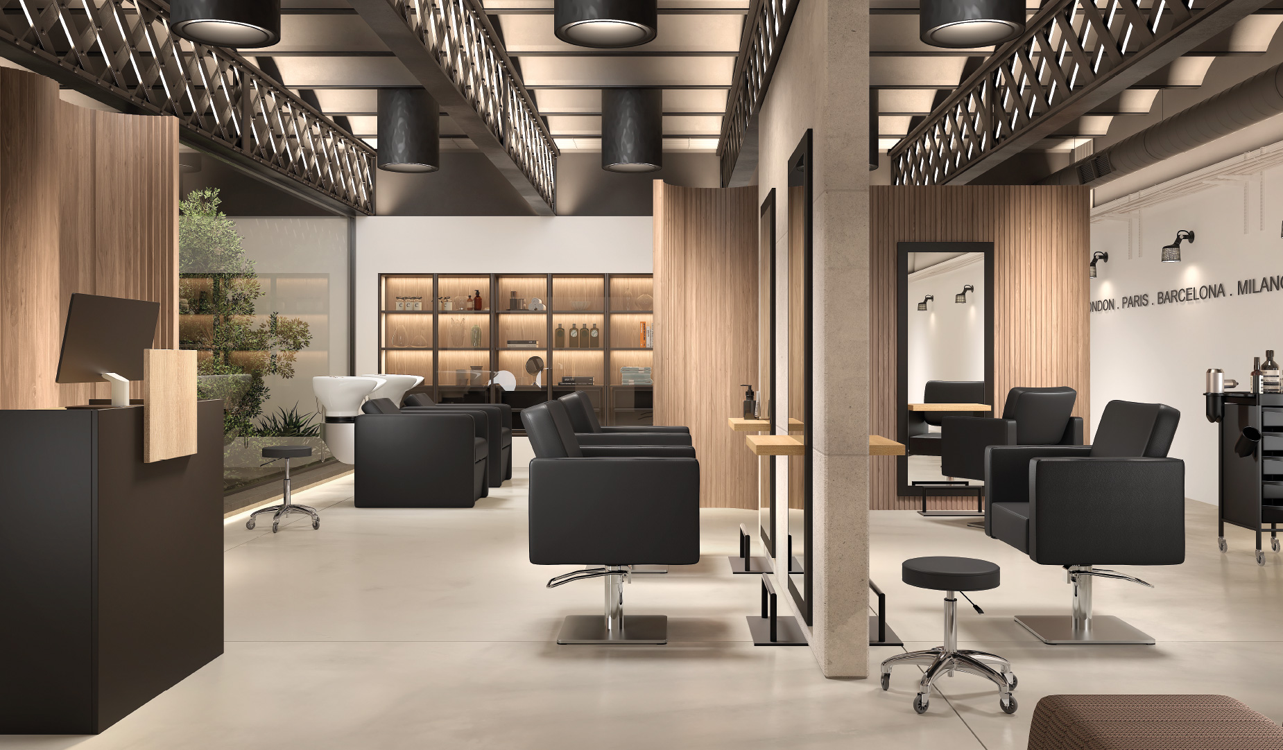 Intérieur moderne de salon de coiffure avec fauteuils noirs et bois