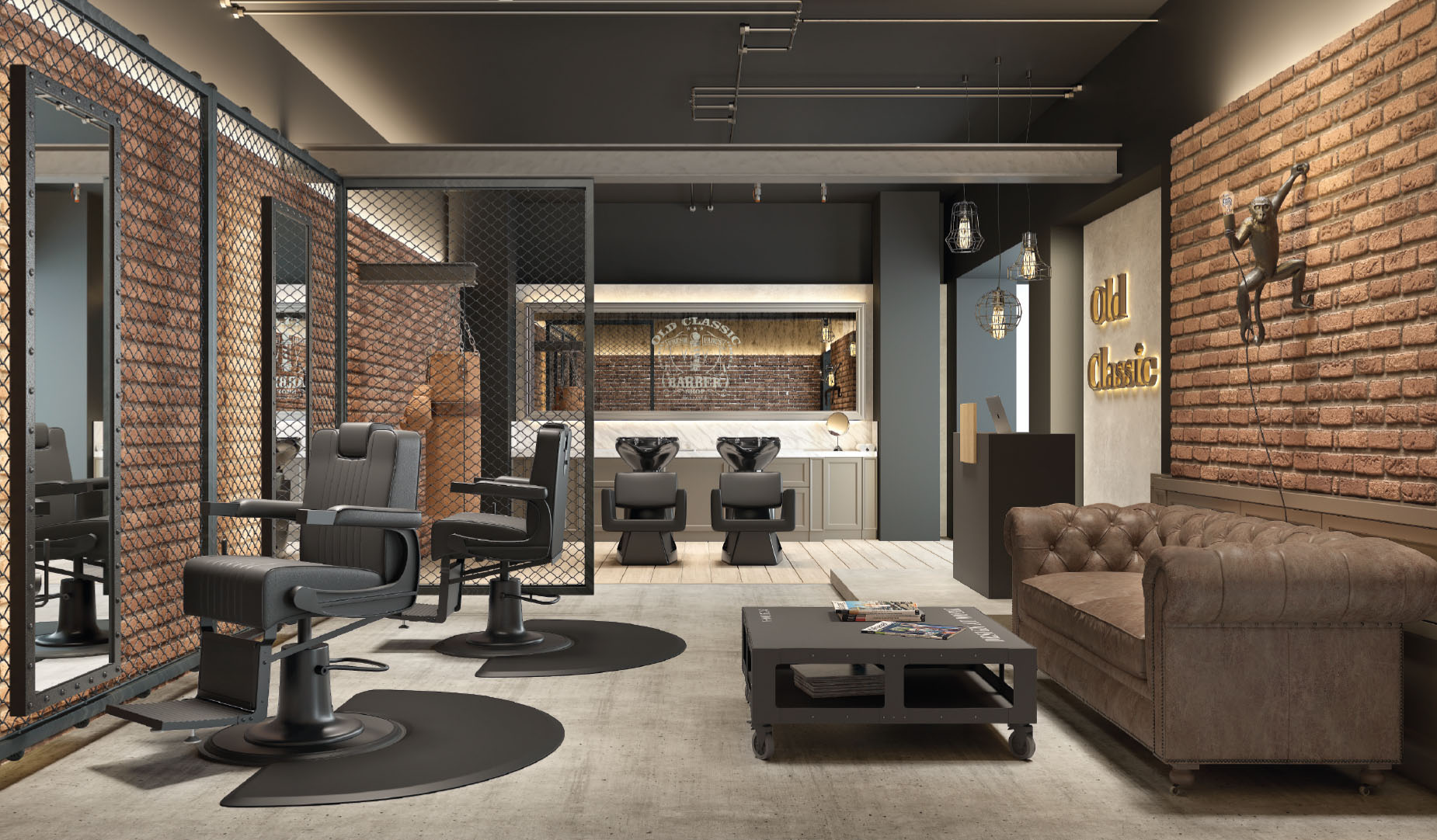 Intérieur de barber shop style industriel avec murs en briques, fauteuils de barbier et canapé en cuir